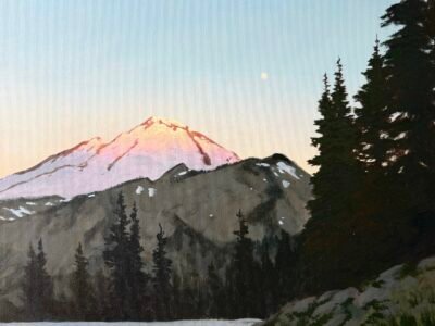 Warm Light on Snow Topped Mountain - original acrylic painting